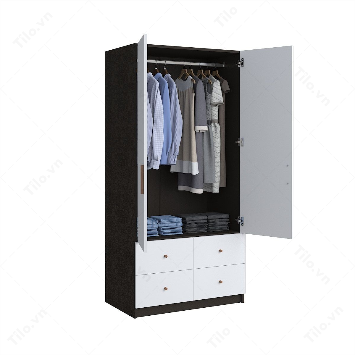 Mẫu tủ quần áo 3 tầng 2 cánh kết hợp 4 ngăn kéo dưới tiện lợi